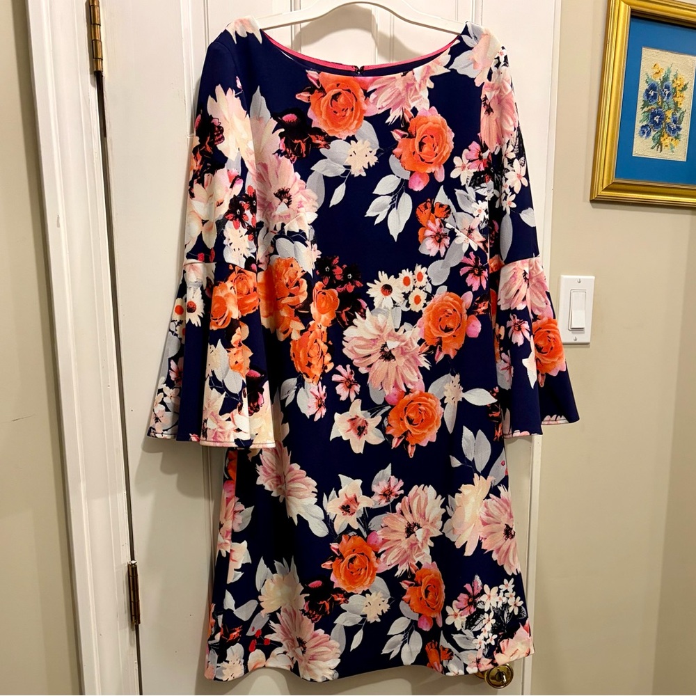 Eliza J Navy Floral Bell Sleeve Dress